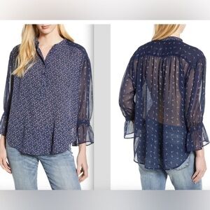 Lucky Brand Blue floral mixed print sheer back boho bohemian blouse top size L